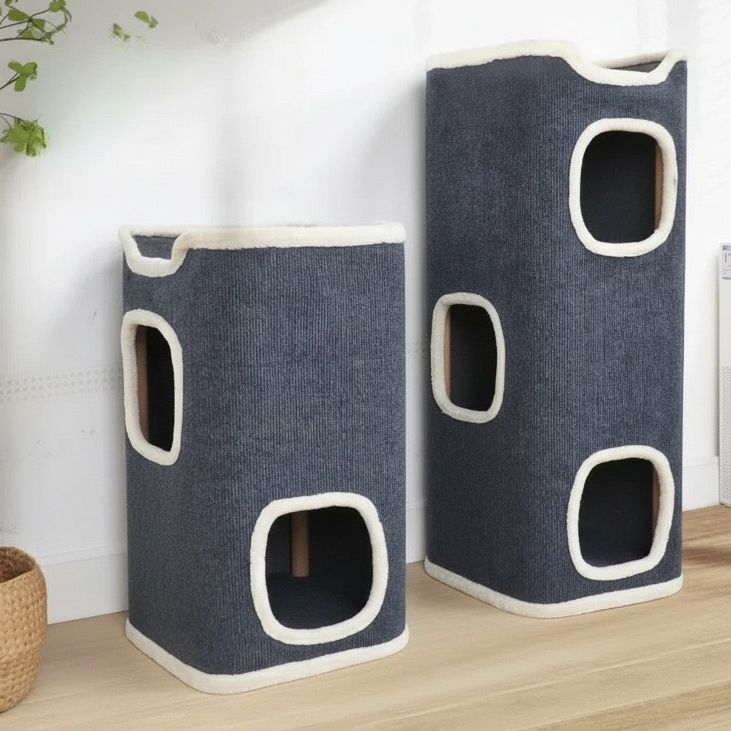Maisons pour chat Esprit Chat en velours côtelé gris avec entrées carrées, design moderne et confortable