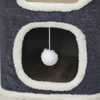 Maison pour chat Esprit Chat en velours côtelé gris avec bordures en peluche blanche et jouet pompon suspendu