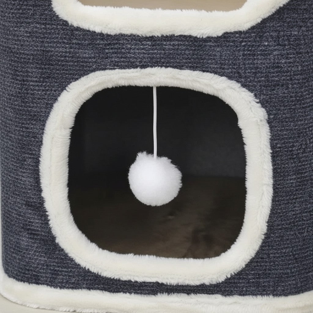 Maison pour chat Esprit Chat en velours côtelé gris avec bordures en peluche blanche et jouet pompon suspendu