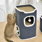Maison pour chat Esprit Chat en velours côtelé gris avec griffoir et jouets suspendus pour le repos intérieur