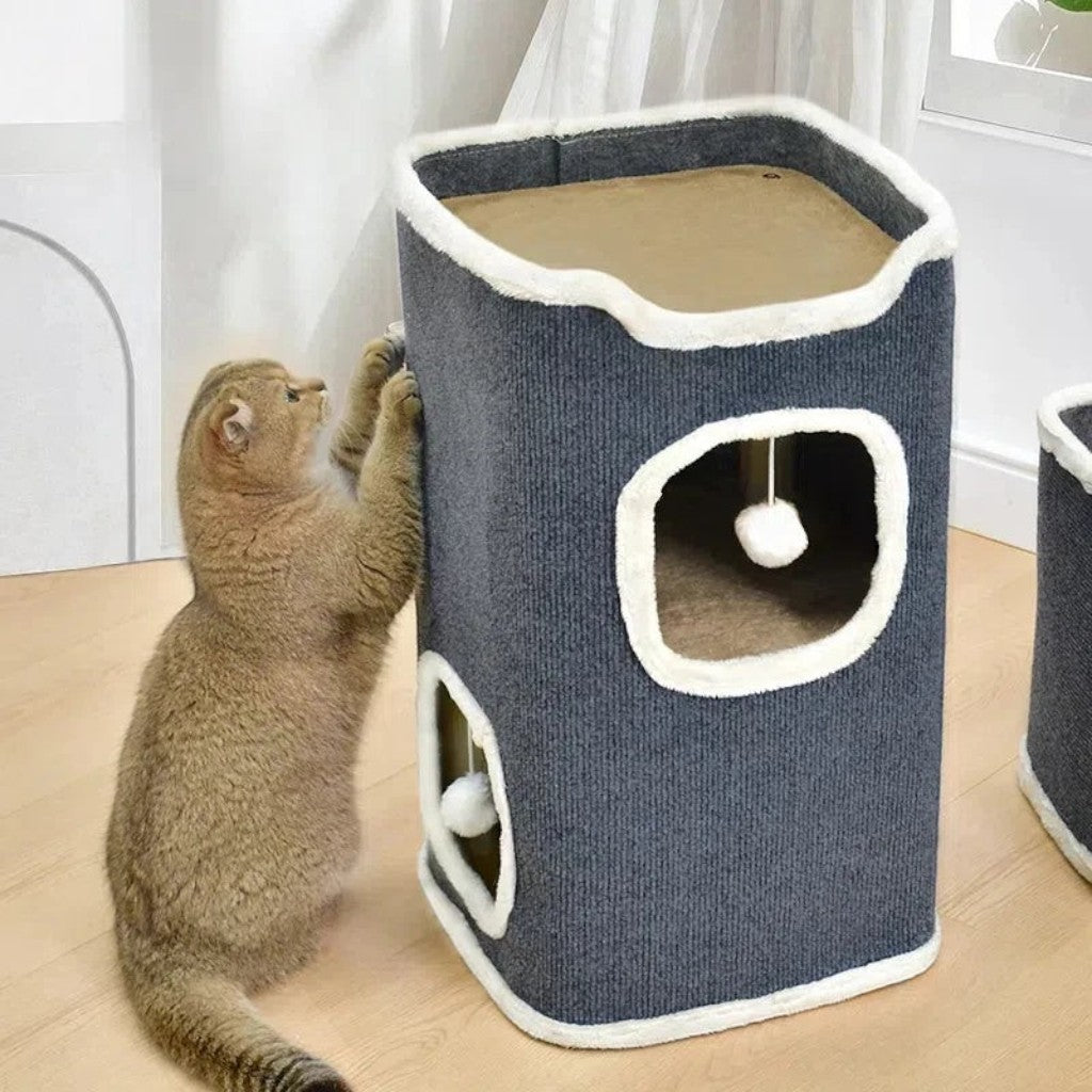 Maison pour chat Esprit Chat en velours côtelé gris avec griffoir et jouets suspendus pour le repos intérieur