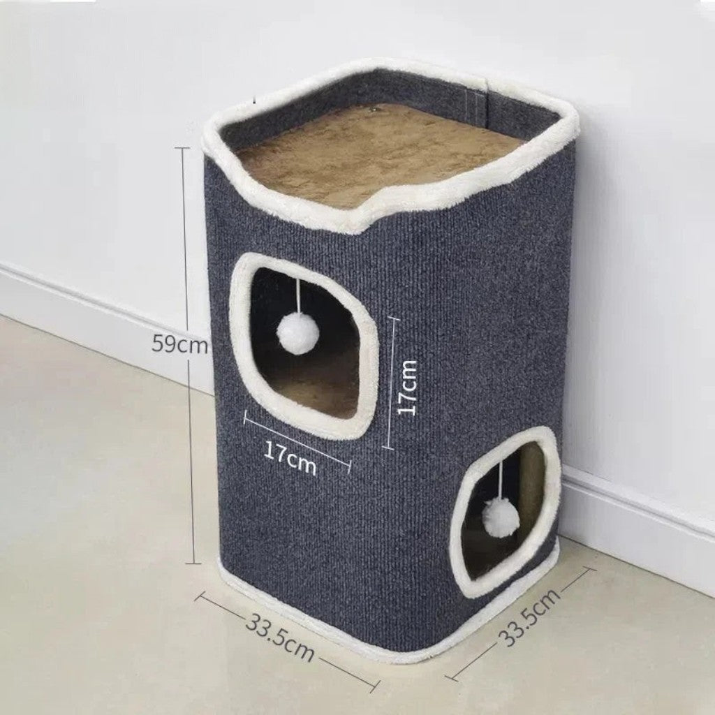 Maison pour chat Esprit Chat à deux niveaux en velours côtelé gris avec ouvertures et jouets suspendus