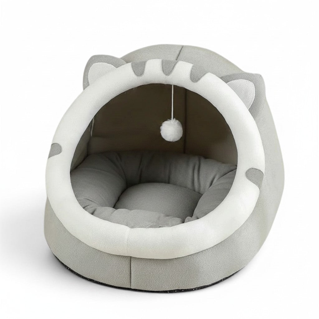 Maison pour chaton Esprit Chat en coton gris doux avec oreilles et pompon suspendu pour le confort de votre animal