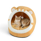Maison pour chat Esprit Chat en coton jaune en forme de tête de tigre avec un chat à l'intérieur
