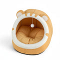 Maison pour chat Esprit Chat en coton jaune en forme de tête d'animal avec un pompon suspendu