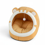 Maison pour chat Esprit Chat en coton jaune en forme de tête d'animal avec un pompon suspendu