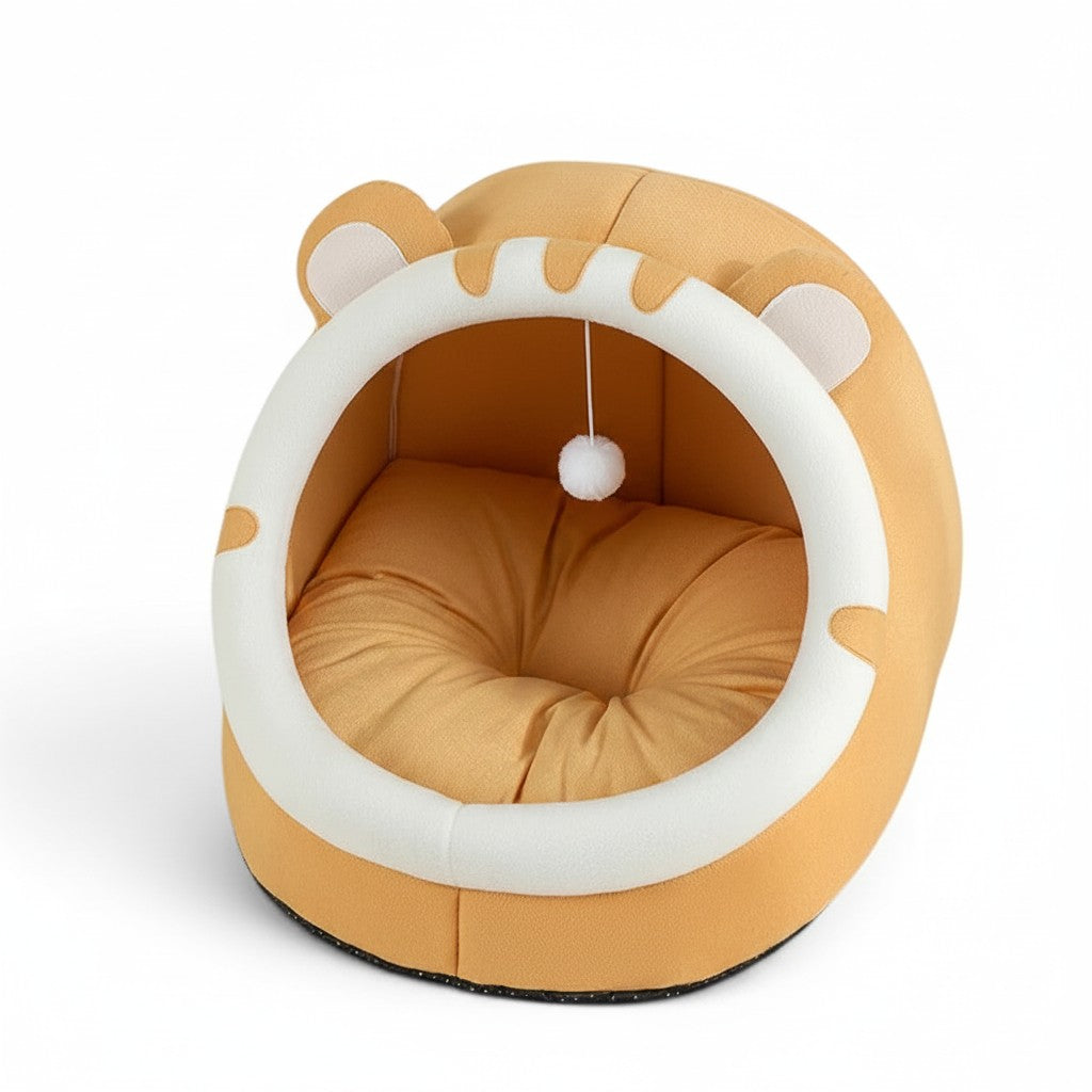 Maison pour chat Esprit Chat en coton jaune en forme de tête d'animal avec un pompon suspendu