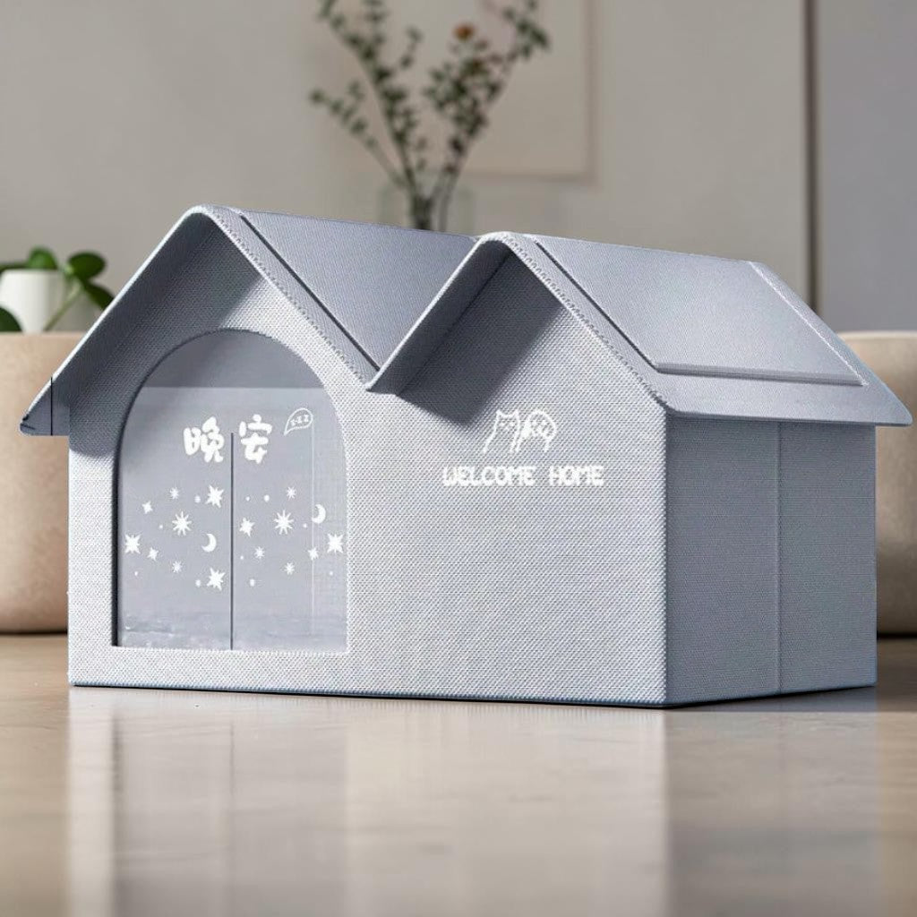 Maison climatisée pour chat Esprit Chat grise en forme de villa avec toit à deux pans et motifs d'étoiles