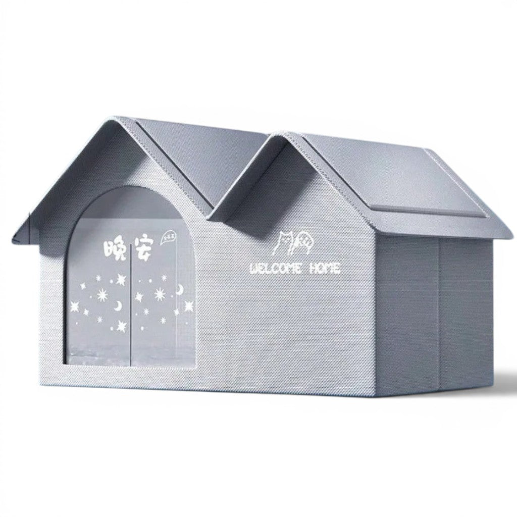 Maison climatisée pour chat Esprit Chat grise en forme de petite maison avec motifs d'étoiles et inscription Welcome Home