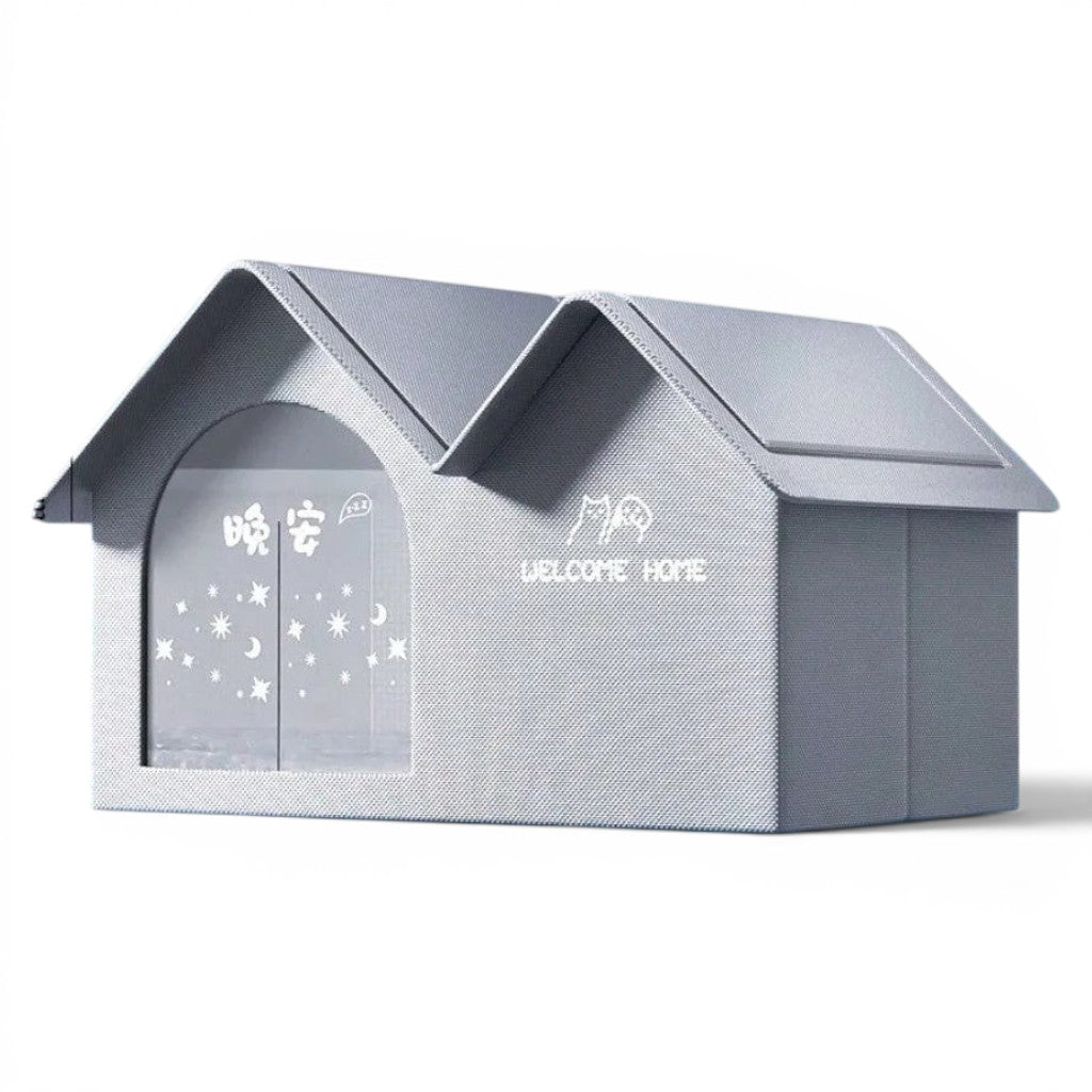 Maison climatisée pour chat Esprit Chat grise avec toit double pente et motif étoiles sur la façade