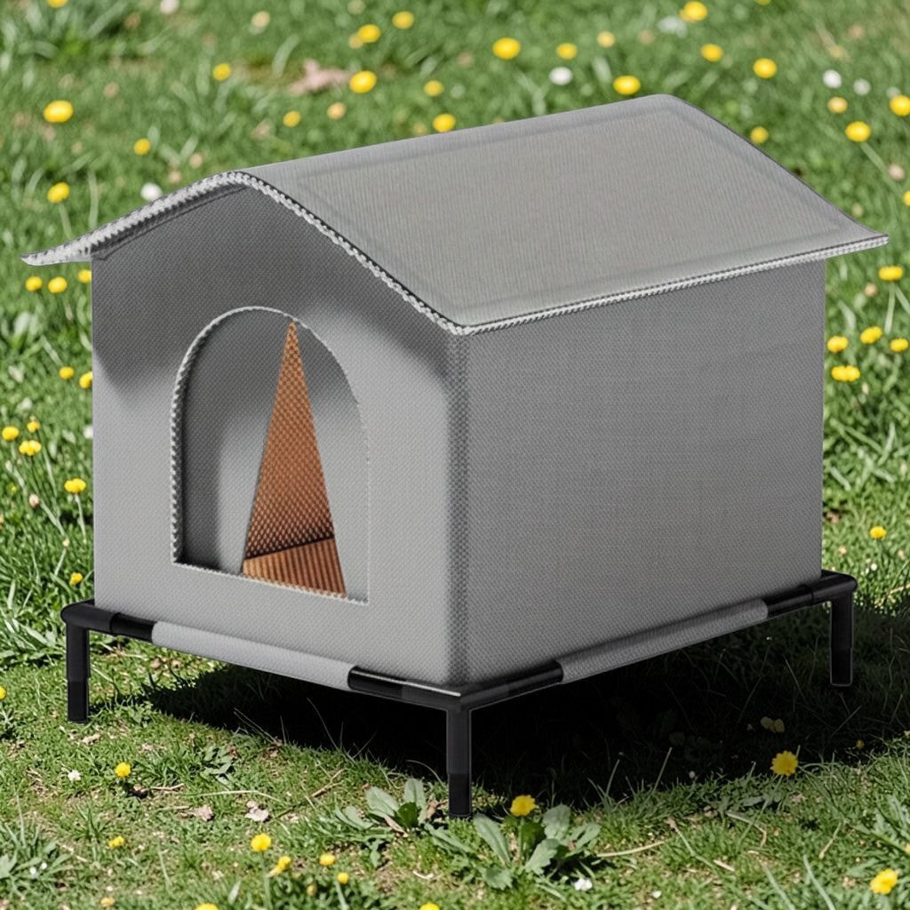 Maison pour chat Esprit Chat grise en tissu Oxford imperméable sur pieds, idéale pour le jardin ou le balcon.