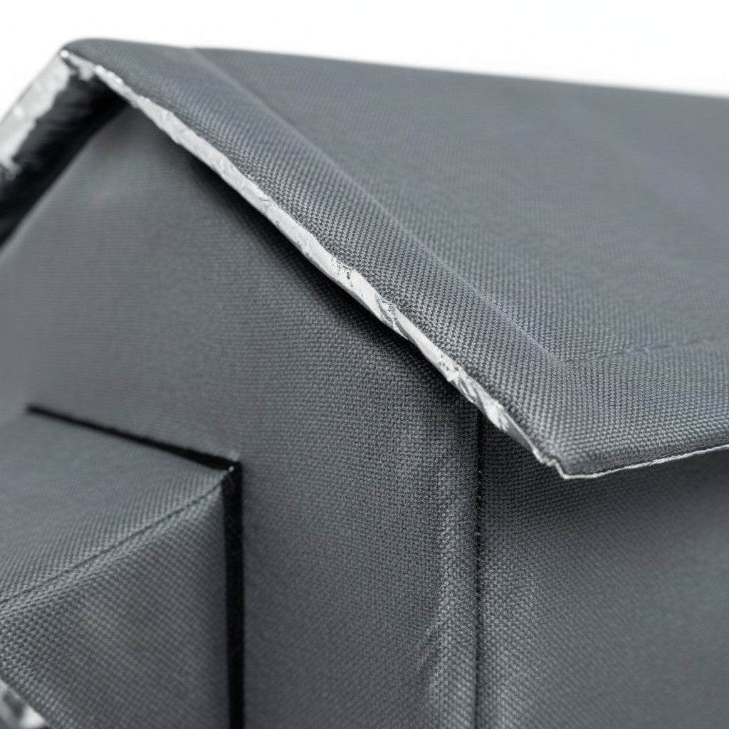 Gros plan sur le toit imperméable en tissu Oxford gris de la maison pour chat Esprit Chat pour l'extérieur en hiver