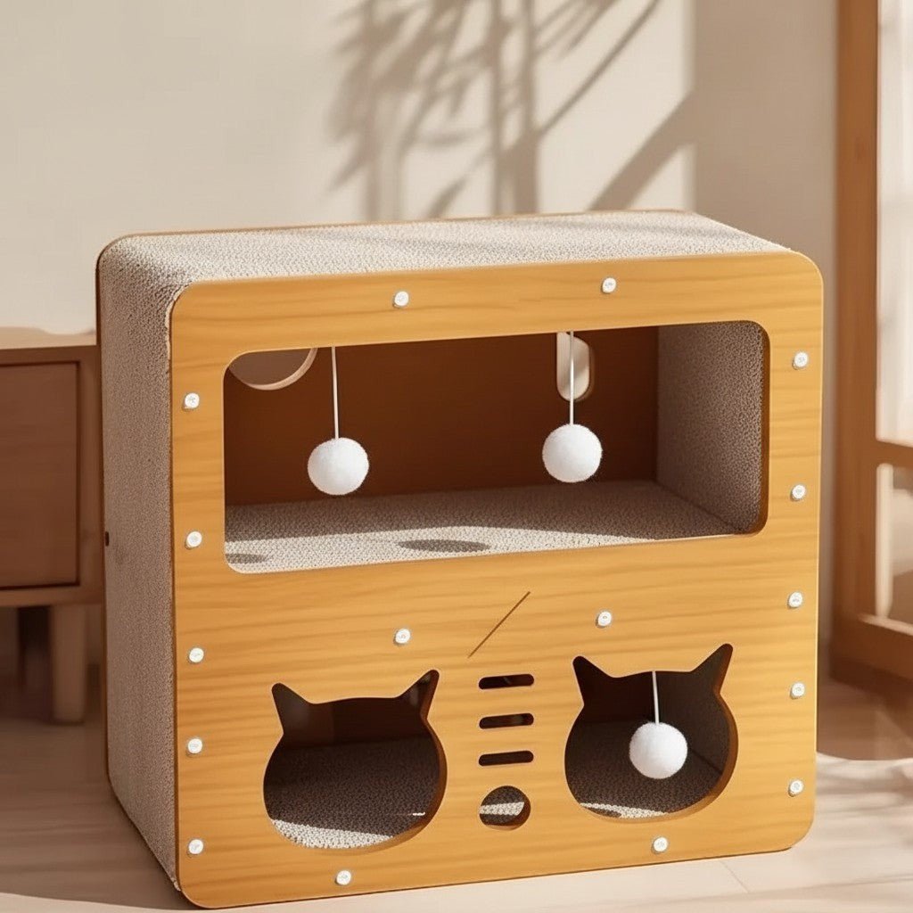 Maison griffoir Esprit Chat en bois avec zones de grattage, ouvertures en forme de chat et balles suspendues.