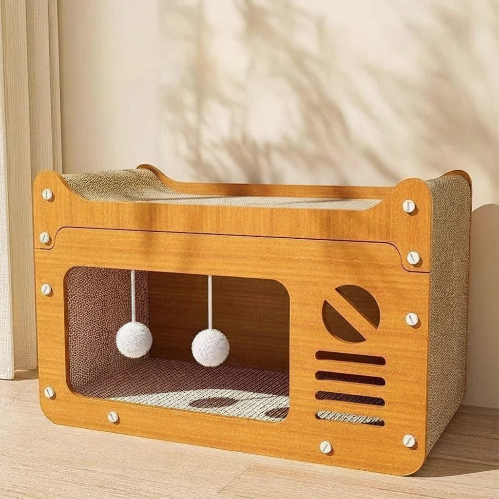 Maison griffoir Esprit Chat en bois avec surface à griffer, espace de repos et jouets suspendus pour chat