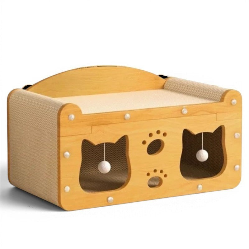 Maison griffoir en bois Esprit Chat avec ouvertures en forme de tête de chat et balles suspendues pour le jeu.