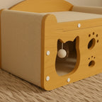 Maison griffoir en bois Esprit Chat avec ouverture en forme de tête de chat et jouet suspendu pour félin