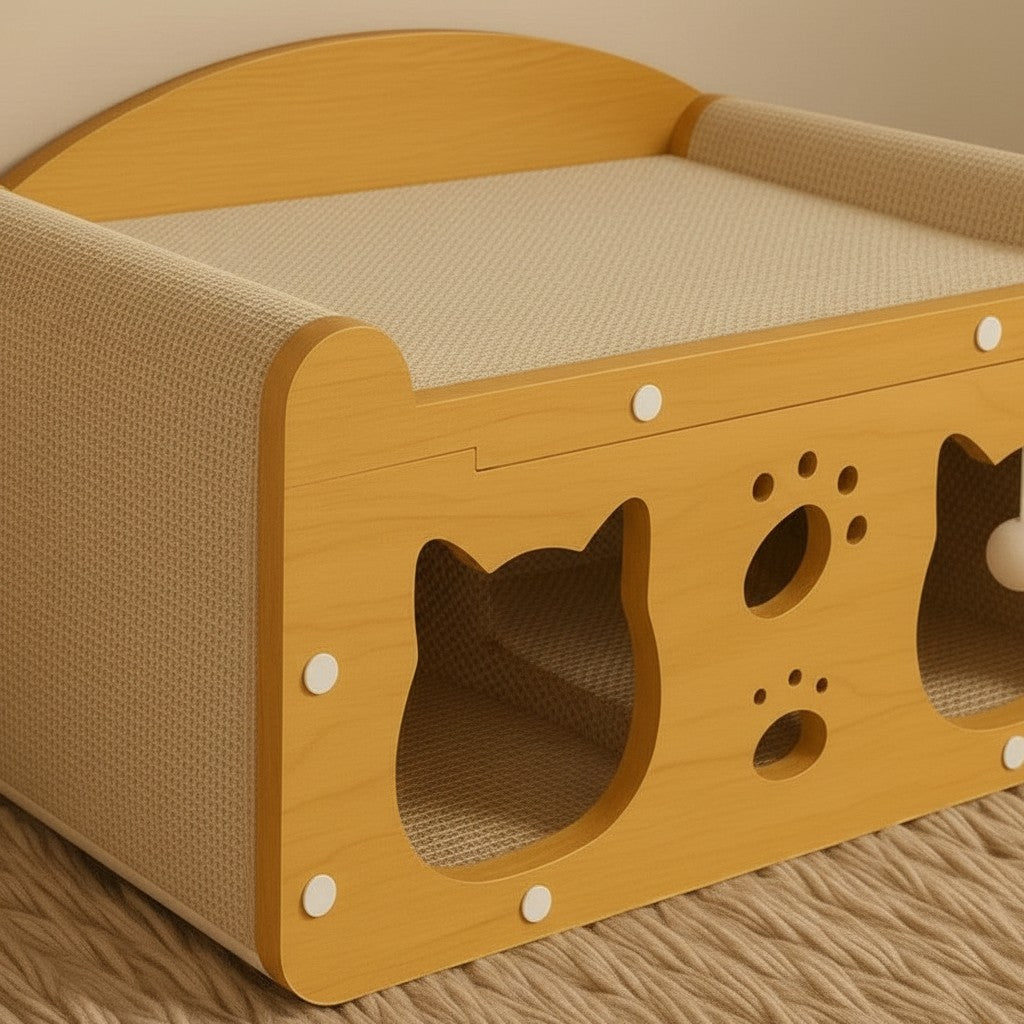 Maison griffoir en bois Esprit Chat avec ouvertures en forme de tête de chat et empreintes de pattes pour chat