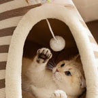 Chaton jouant avec une balle suspendue dans une petite maison en peluche rayée Esprit Chat