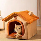 Maison Esprit Chat en polaire corail douce et chaude pour chat, design confortable en forme de cabane beige et orange