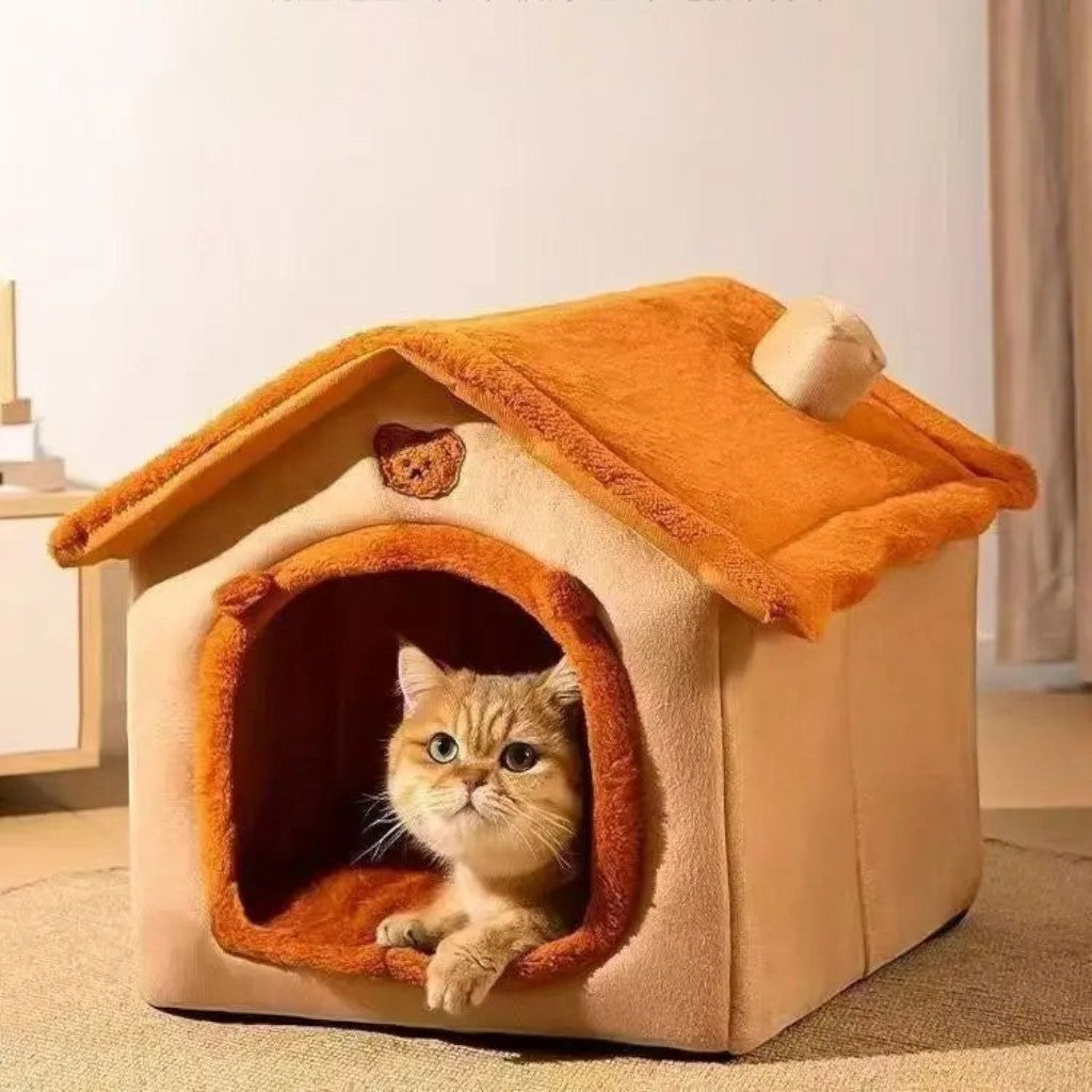 Maison Esprit Chat en polaire corail douce et chaude pour chat, design confortable en forme de cabane beige et orange