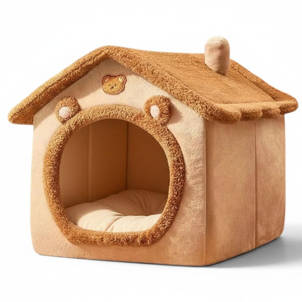 Maison pour chat Esprit Chat en polaire corail marron avec motif ours et toit douillet pour un confort optimal