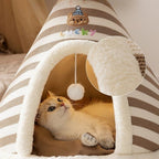Petite maison Esprit Chat en forme de tente rayée beige et blanche avec coussin en peluche douce pour chat