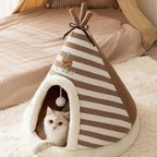 Petite maison Esprit Chat en forme de tipi rayé marron et blanc avec coussin en peluche douce pour chat