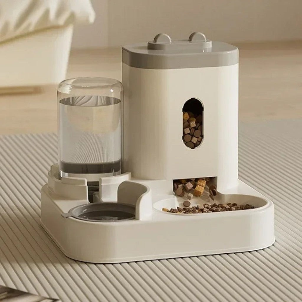 Mangeoire et abreuvoir Esprit Chat en plastique blanc avec distributeur de croquettes et réservoir d'eau intégré
