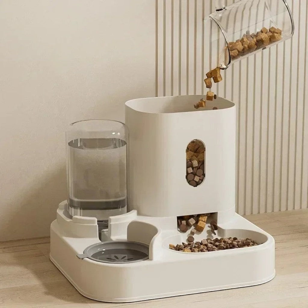 Mangeoire et abreuvoir Esprit Chat en plastique blanc avec distributeur de croquettes et réservoir d'eau intégré