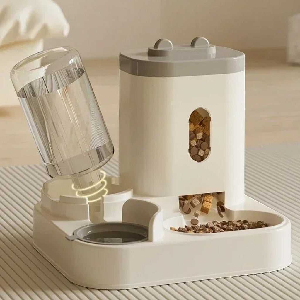 Mangeoire et abreuvoir Esprit Chat en plastique blanc et gris avec distributeur de croquettes et bouteille d'eau