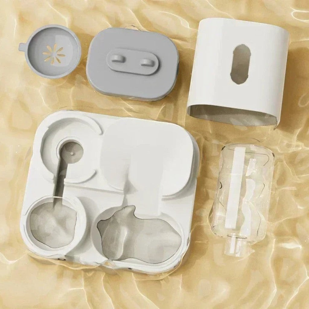 Mangeoire Esprit Chat en plastique blanc et gris avec distributeur d'eau intégré, vue éclatée des composants