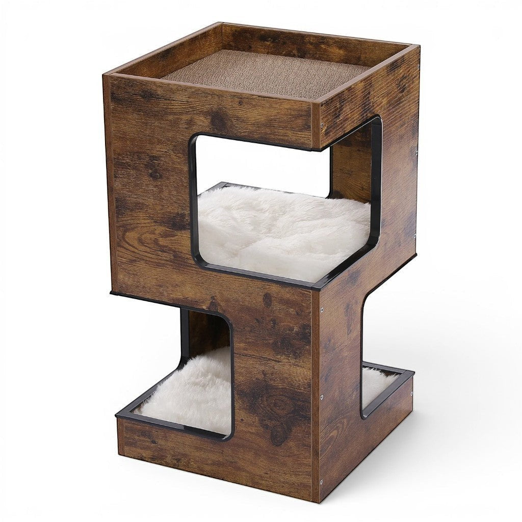 Meuble pour chat Esprit Chat en bois marron avec niches et coussins en fausse fourrure blanche