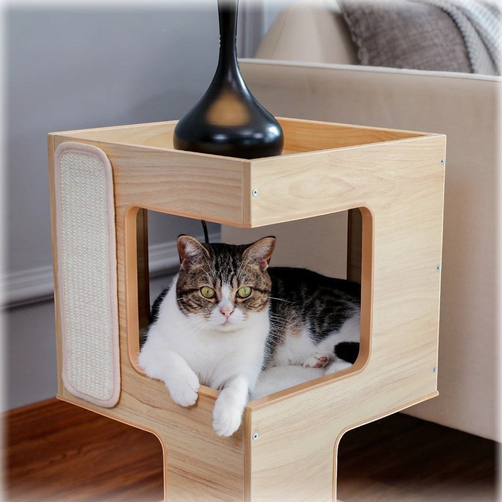 Meuble pour chat Esprit Chat en bois beige avec niche confortable, coussin doux et griffoir latéral intégré