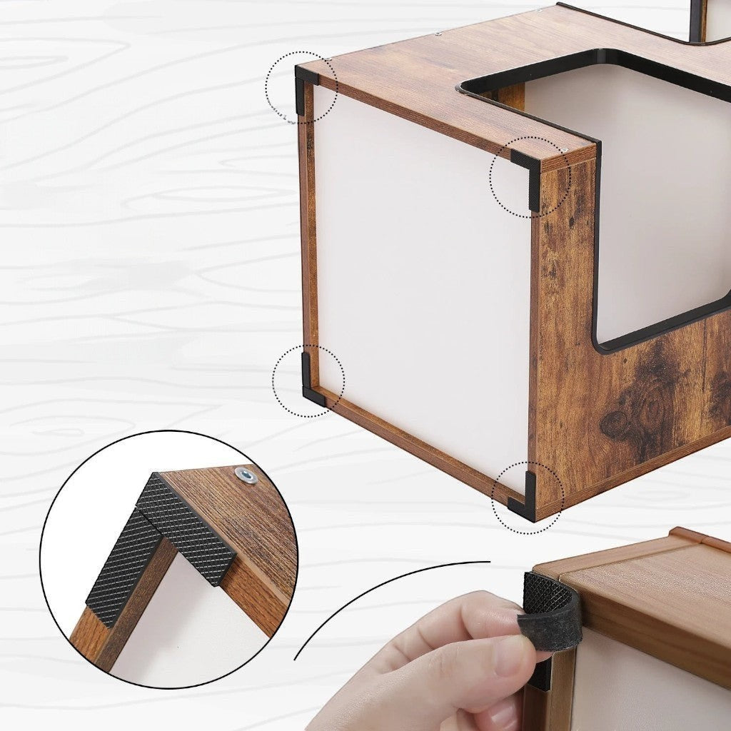 Détail des coins de protection adhésifs sur le meuble pour chat en bois Esprit Chat