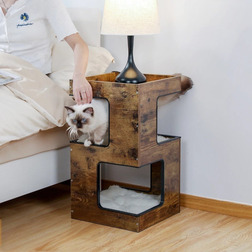 Meuble pour chat Esprit Chat en bois marron avec coussins doux, servant de table de chevet moderne pour félin