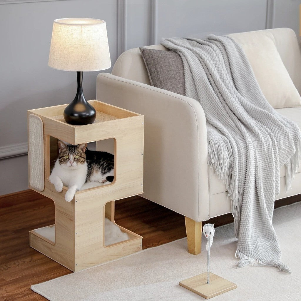 Meuble pour chat Esprit Chat en bois beige avec niche, coussins doux et griffoir, style moderne pour salon