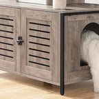 Meuble Esprit Chat couleur grège avec portes à lattes et entrée pour chat, style rétro en bois et métal