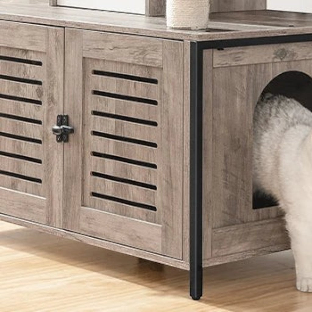 Meuble Esprit Chat couleur grège avec portes à lattes et entrée pour chat, style rétro en bois et métal