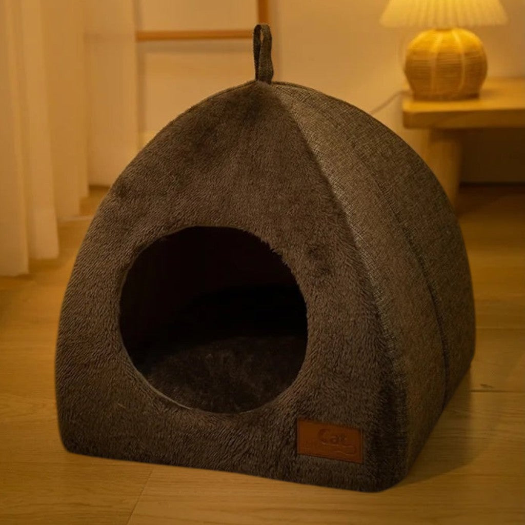 Mini tente Esprit Chat grise en velours doux pour chat avec une ouverture ronde et une poignée sur le dessus