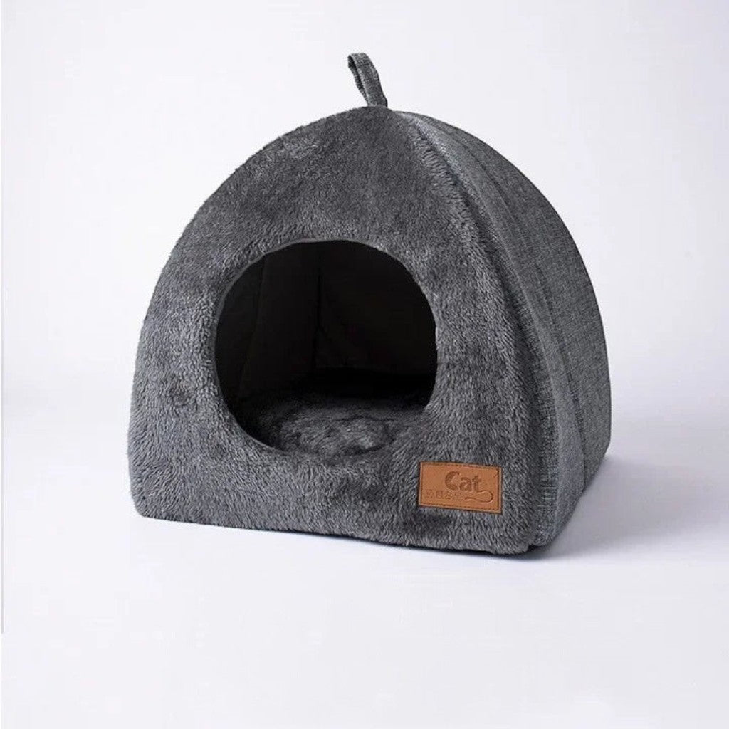 Mini tente pour chat Esprit Chat en velours gris doux, niche confortable et fermée pour le repos de votre félin.