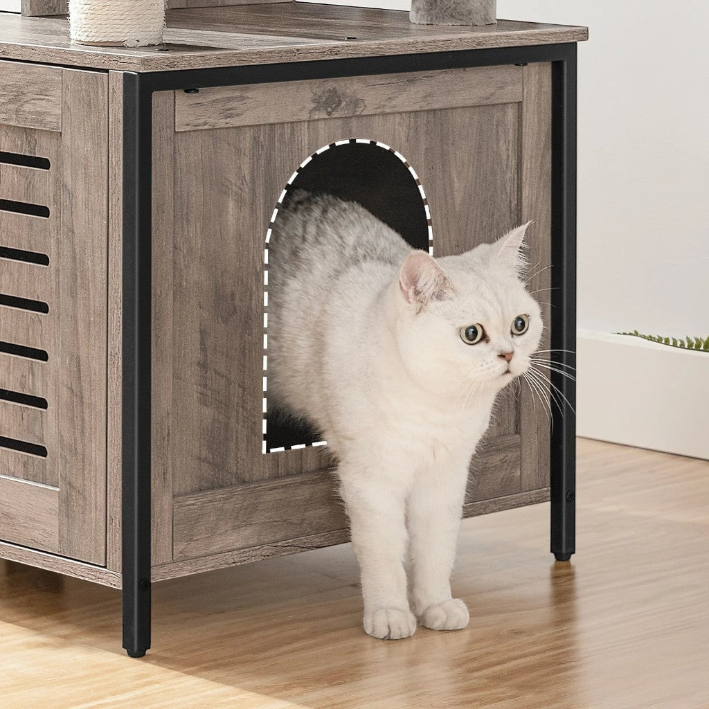 Chat blanc sortant d'une niche Esprit Chat en bois grège avec porte à lattes et structure en fer noir