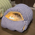 Niche pour chat Esprit Chat en tissu à carreaux bleu et blanc avec intérieur doux et confortable