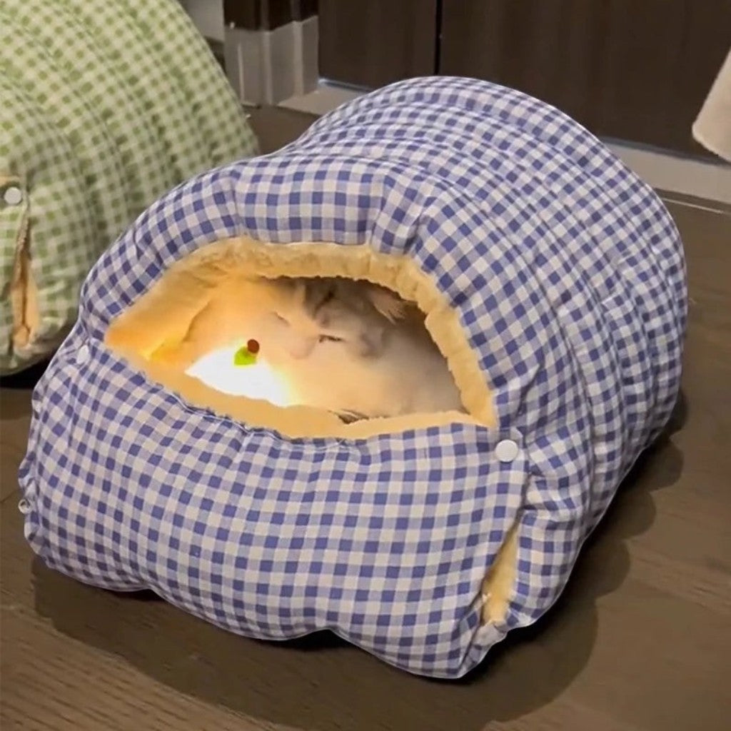 Niche pour chat Esprit Chat en tissu à carreaux bleu et blanc avec intérieur doux et confortable