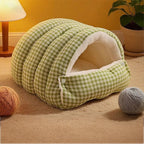 Niche pour chat Esprit Chat en tissu à carreaux verts et blancs, design confortable et douillet pour animaux
