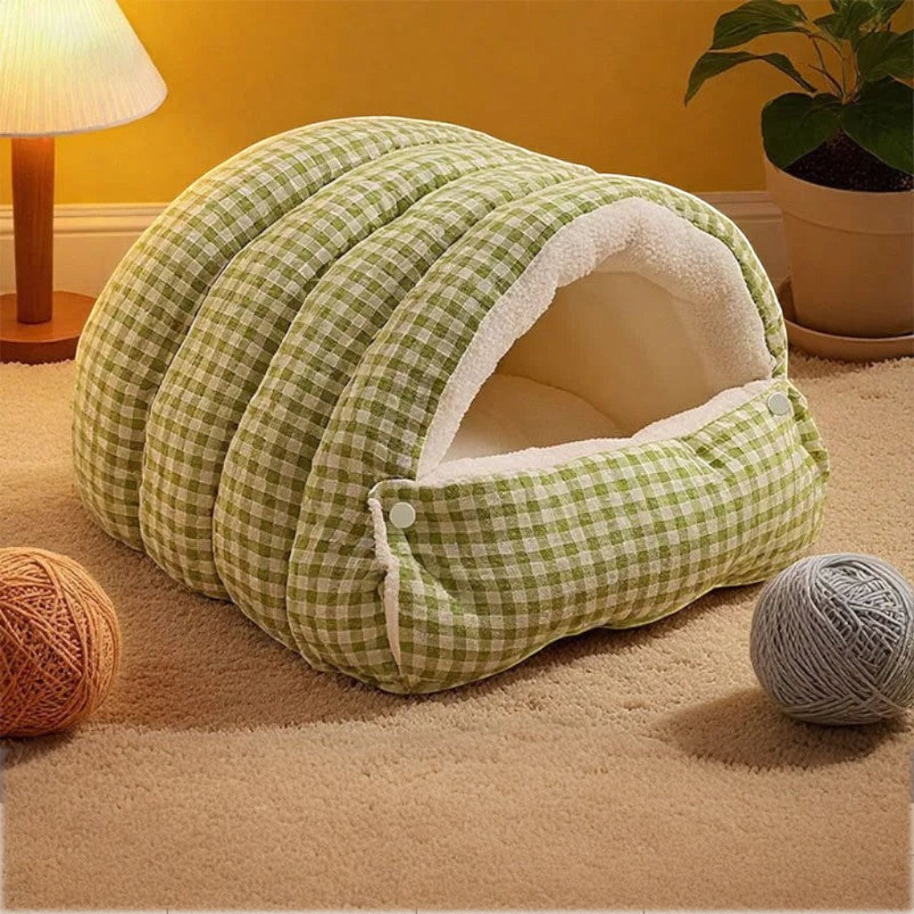 Niche pour chat Esprit Chat en tissu à carreaux verts et blancs, design confortable et douillet pour animaux