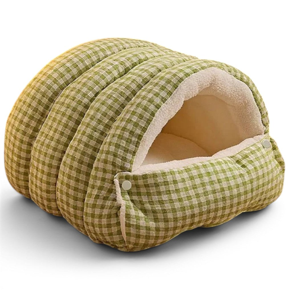 Niche pour chat Esprit Chat en tissu à motif vichy vert et blanc avec intérieur doux et confortable