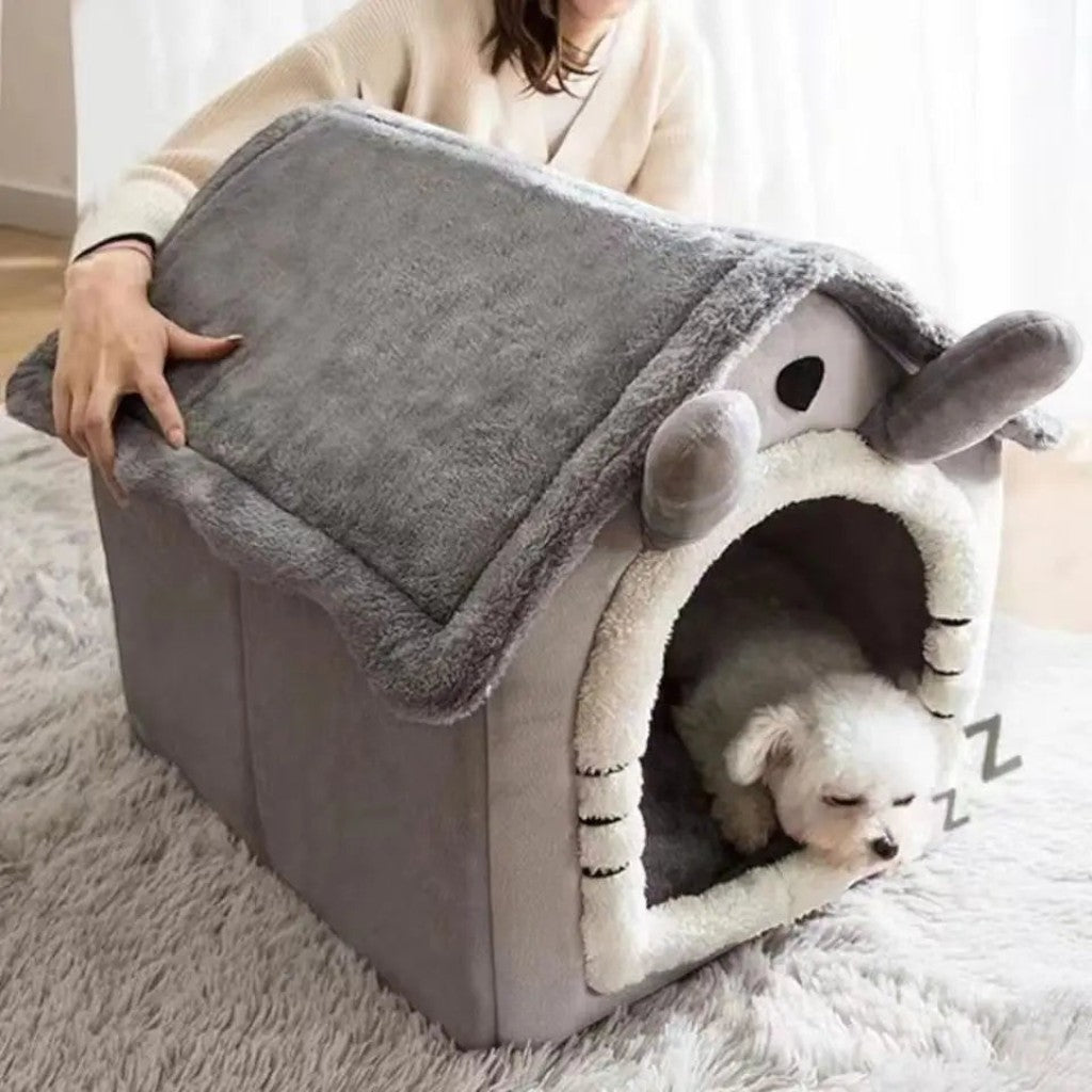 Maison Esprit Chat grise en polaire corail pour petit chien ou chat, design confortable en forme de niche