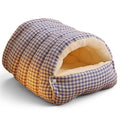 Niche douillette Esprit Chat en tissu à carreaux bleu et blanc avec intérieur en peluche douce pour chat