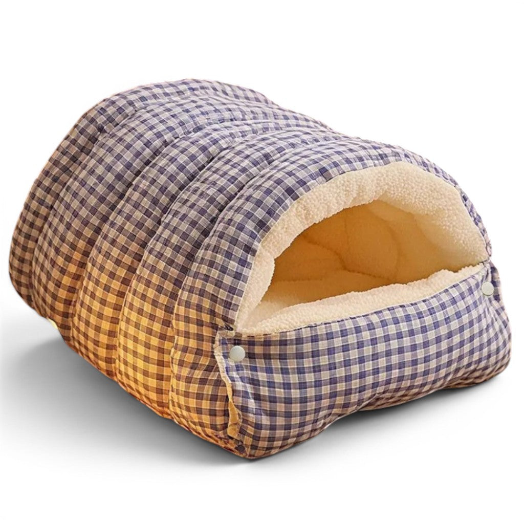 Niche douillette Esprit Chat en tissu à carreaux bleu et blanc avec intérieur en peluche douce pour chat