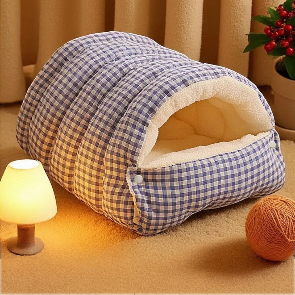 Nid douillet pour chat Esprit Chat en tissu à carreaux bleu et blanc avec intérieur en peluche douce